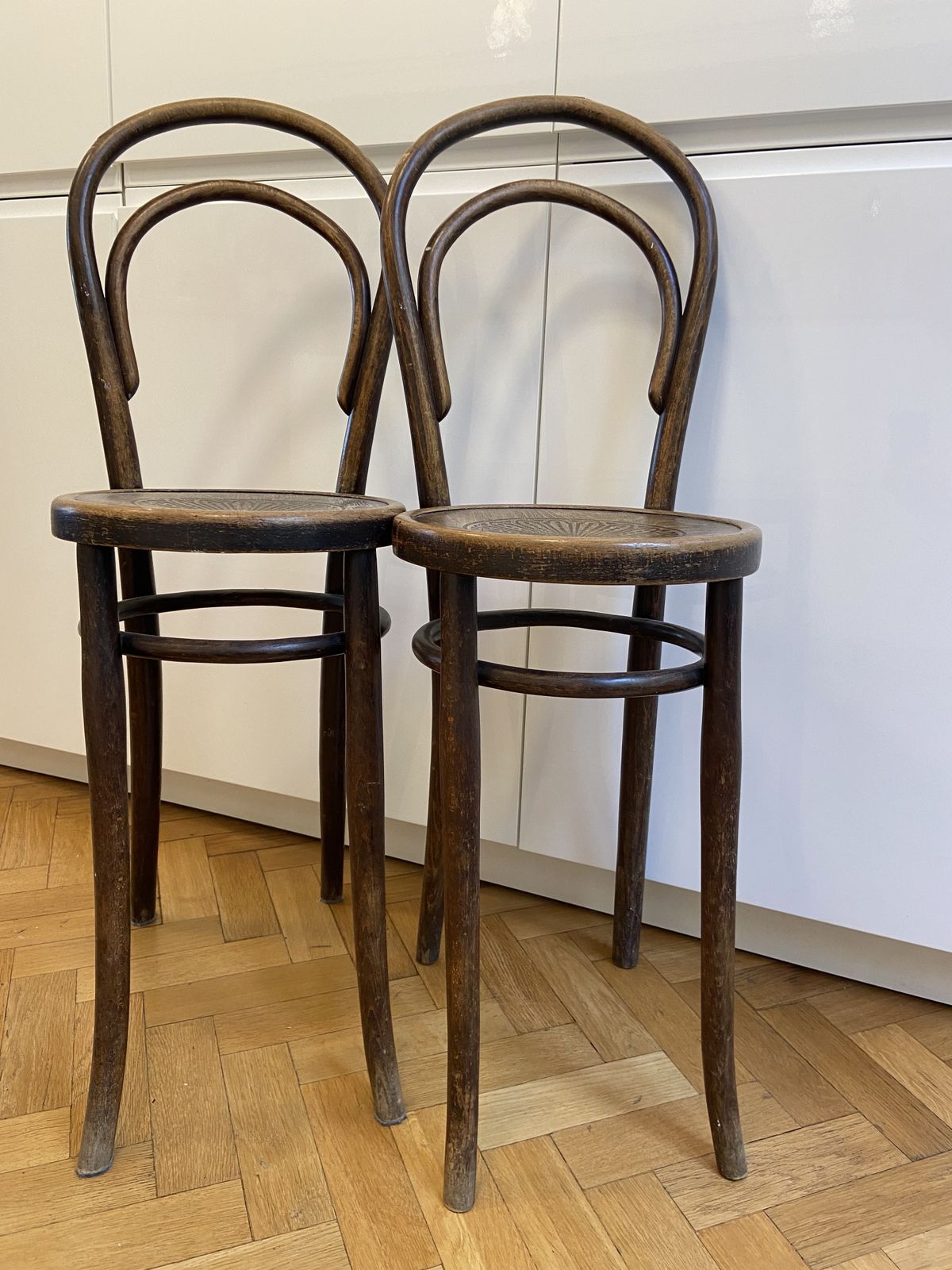 Pair Of Tall, Elegant, Unusual, Victorian Bar / Bistro Bentwood Chairs In Beech
