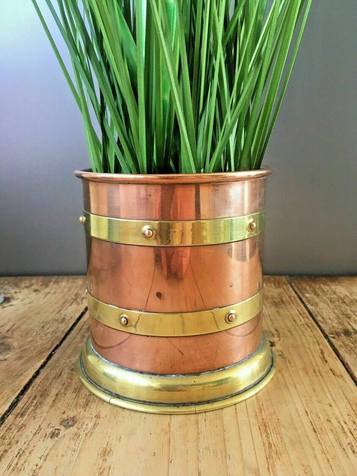 Linton Copper & Brass Banded Riveted Cylinder Planter Plant Pot Antique Vintage