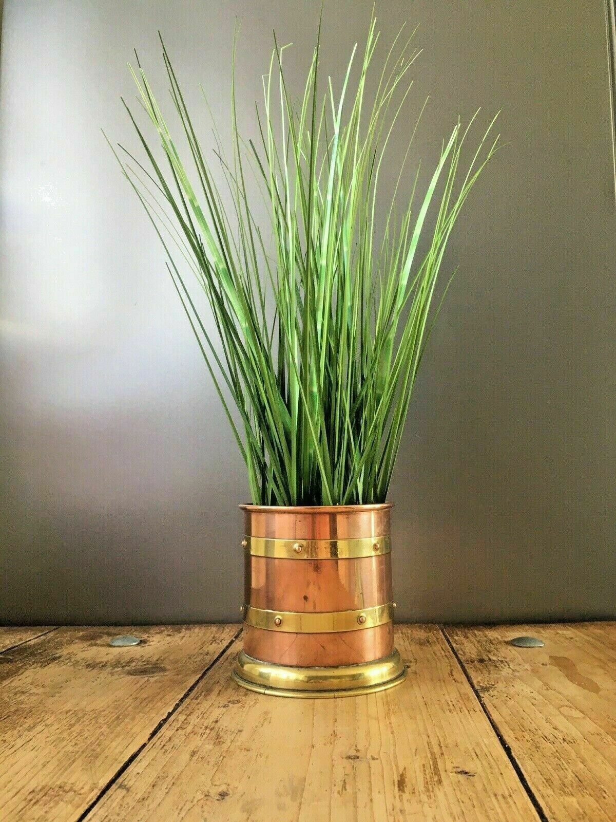 Linton Copper & Brass Banded Riveted Cylinder Planter Plant Pot Antique Vintage photo furniture