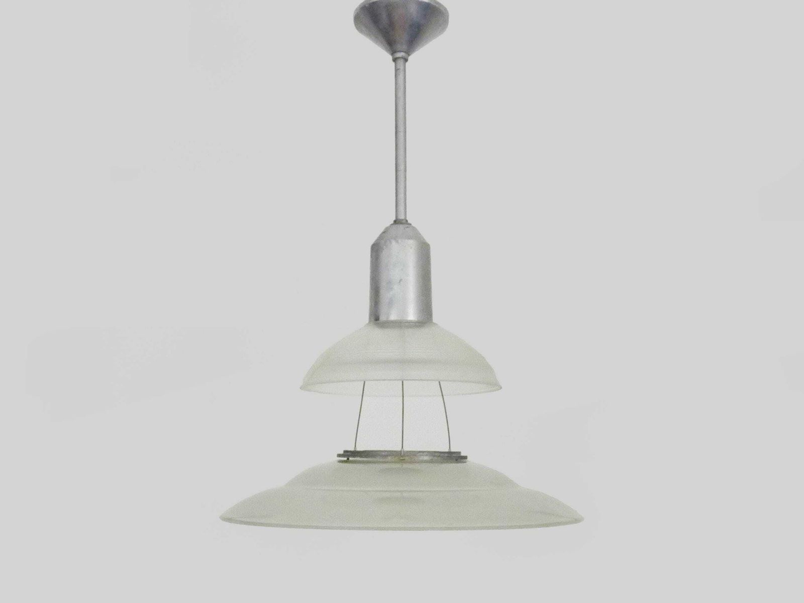 Chandelier, Space Age Suspension Flying Saucer Industrial Holophane Style In Glass. 70s