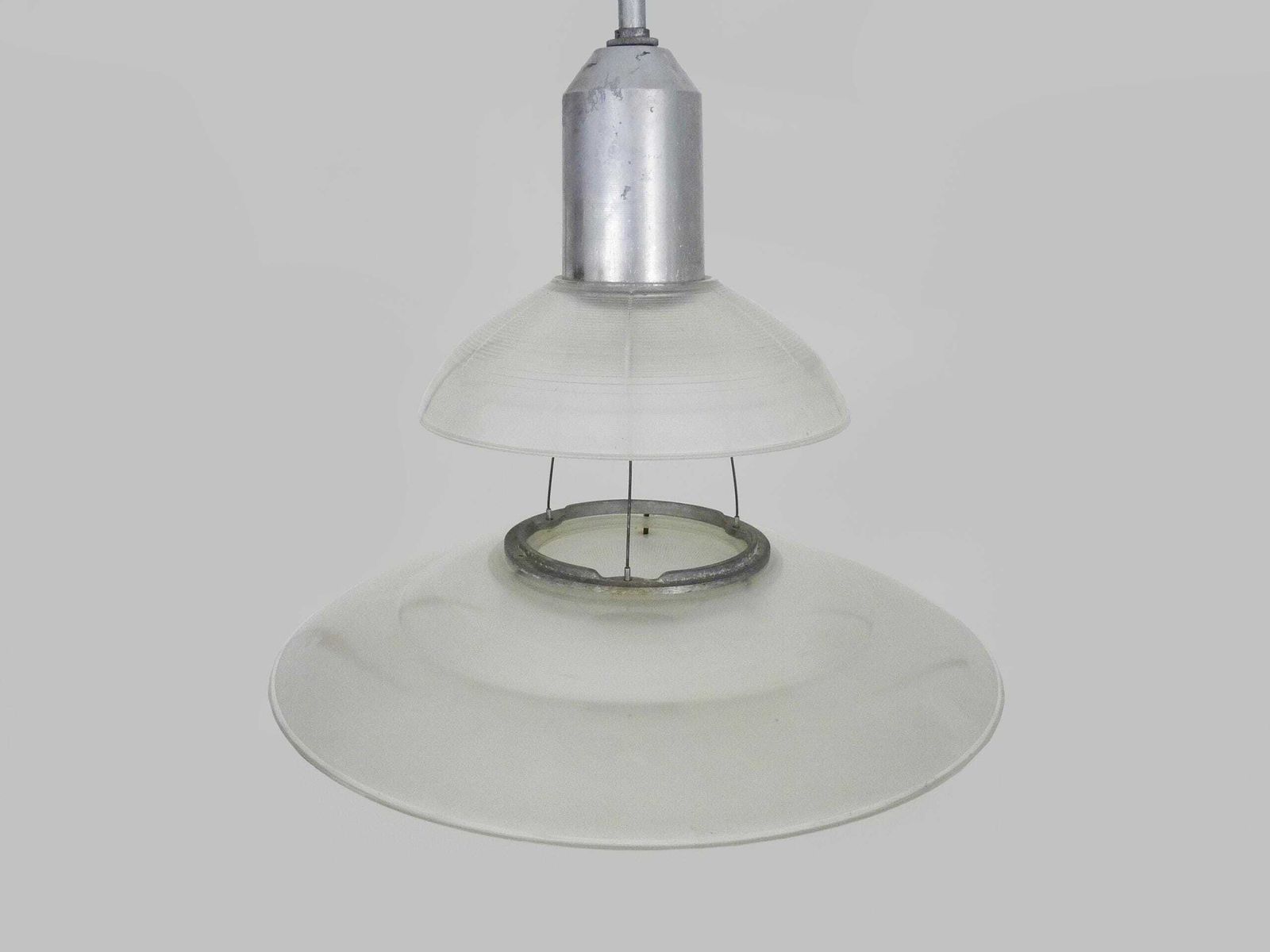 Chandelier, Space Age Suspension Flying Saucer Industrial Holophane Style In Glass. 70s photo 322.0