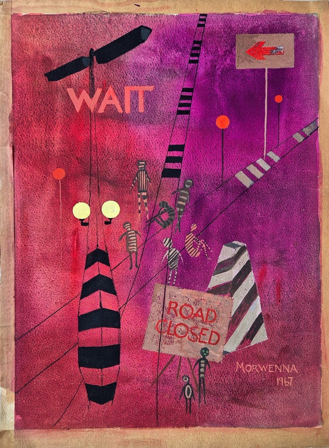 Interesting Quirky Painting In Gouache From 1967 By Morwenna   Wait, Road Closed (Unframed) Modern British Art