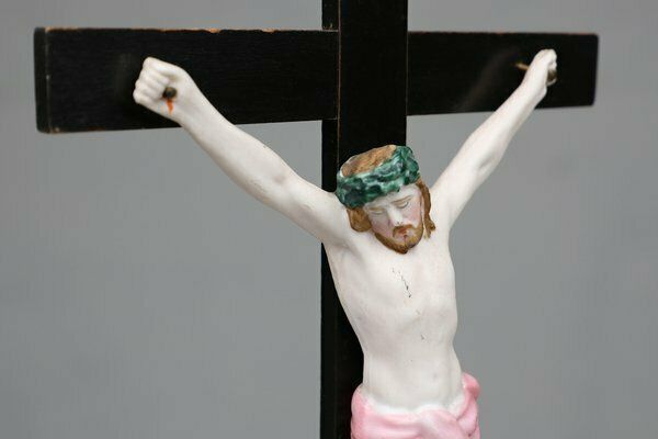 Holy Water Font In Porcelain With Crucifix From Vieux Andenne, Belgium, 20th Century photo buy