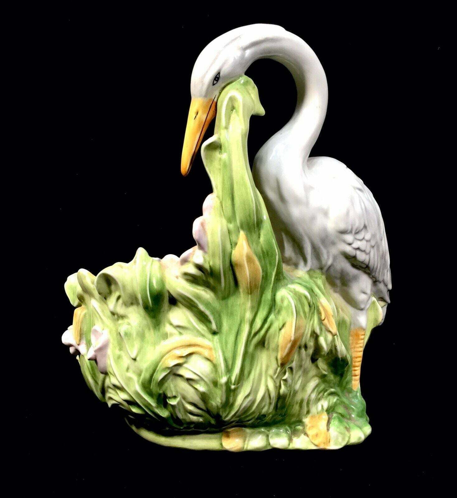 Antique Italian Ceramic Stork Indoor Plant Pot . Planter / Jardiniere / Majolica photo vintage