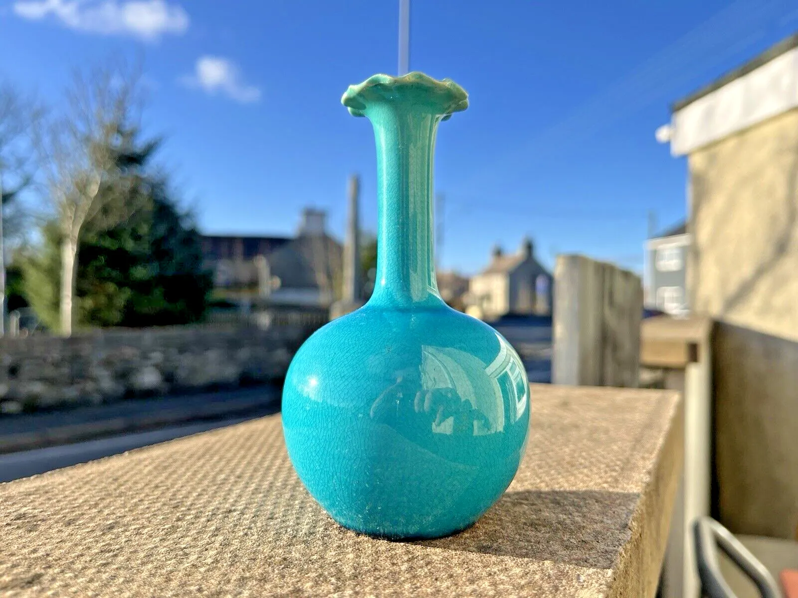 Antique Arts & Crafts Burmantofts Art Pottery Turquoise Blue Faience Bud Vase