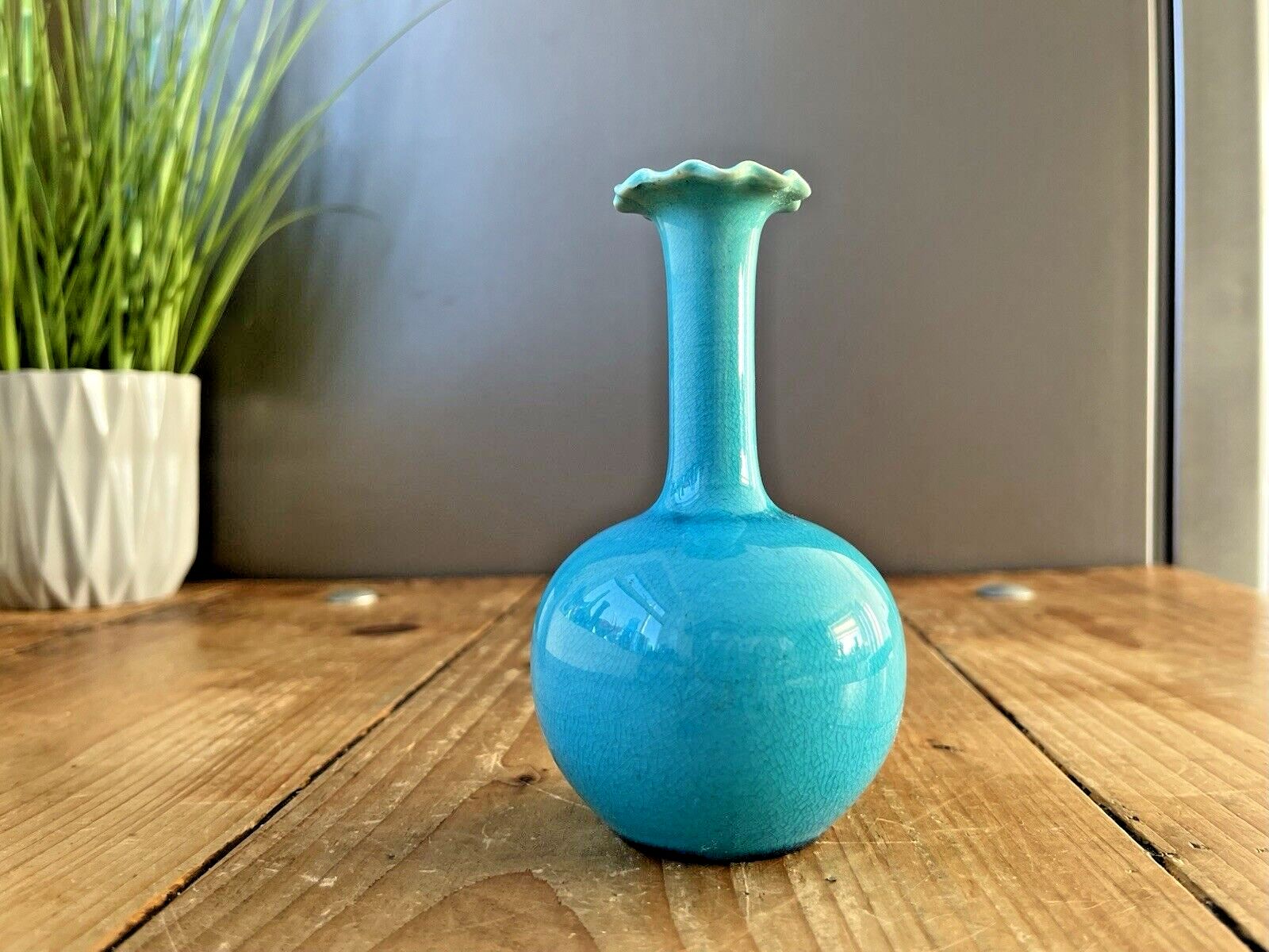 Antique Arts & Crafts Burmantofts Art Pottery Turquoise Blue Faience Bud Vase photo for sale
