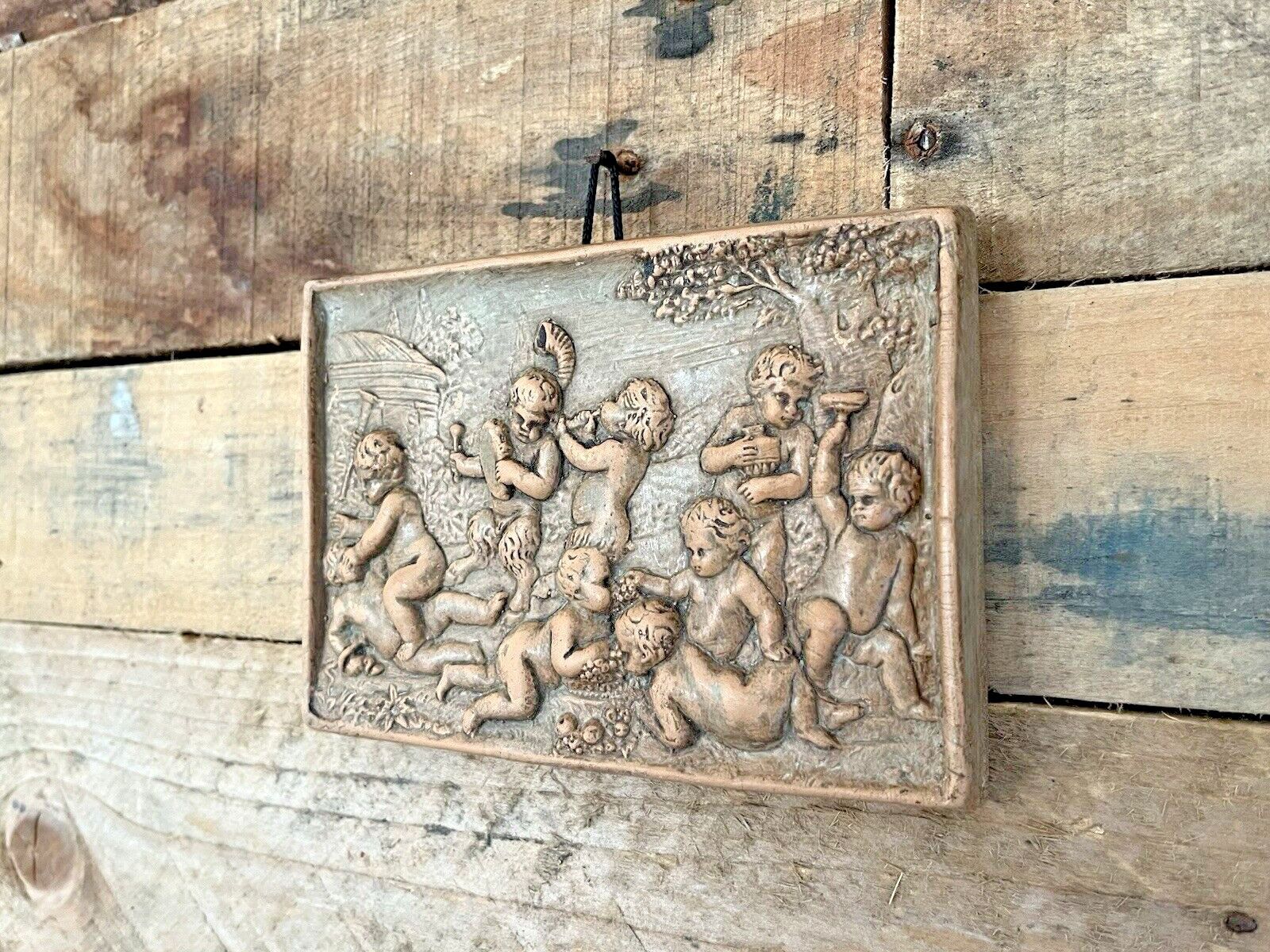 Italian Pottery Bacchanalian Mythical Cherub Putti Grape Vine Relief Wall Plaque photo Art