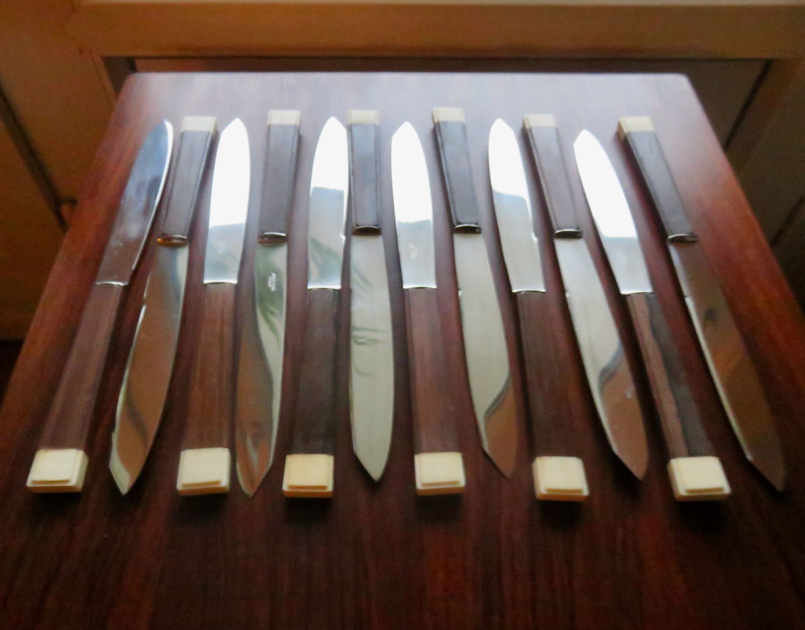 Set Of 12 Art Deco Knives With Exotic Wood And Ivory Handles. France 1940 photo furniture