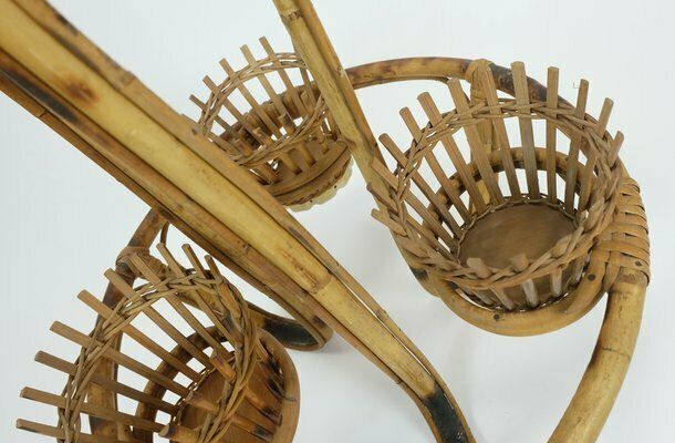 photo furniture Mid Century Tiki Plant Stand In Bamboo Rattan, 1950s