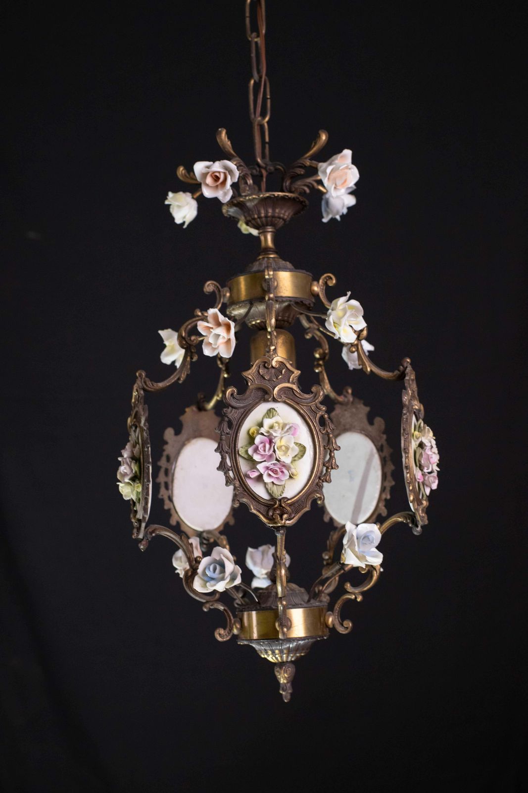 photo for sale Charming Vintage Art Nouveau Style Italian Ceramic Flower Chandelier, 1970