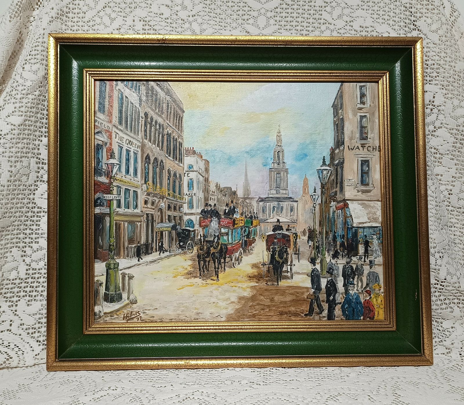 Large Oil Painting On Stretched Canvas,The Strand London,Horses Carriages Imprestionist Style Artist Signed Holmes.