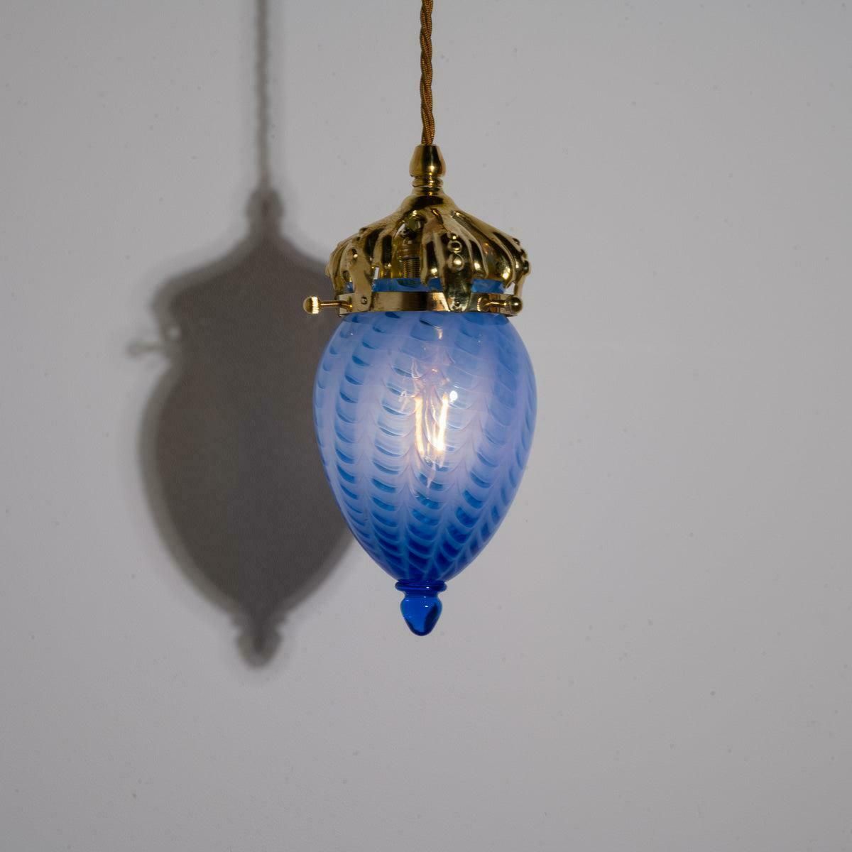 photo vinterior Art Nouveau Style Polished Brass & Blue Swirl Vaseline Glass Acorn Shades