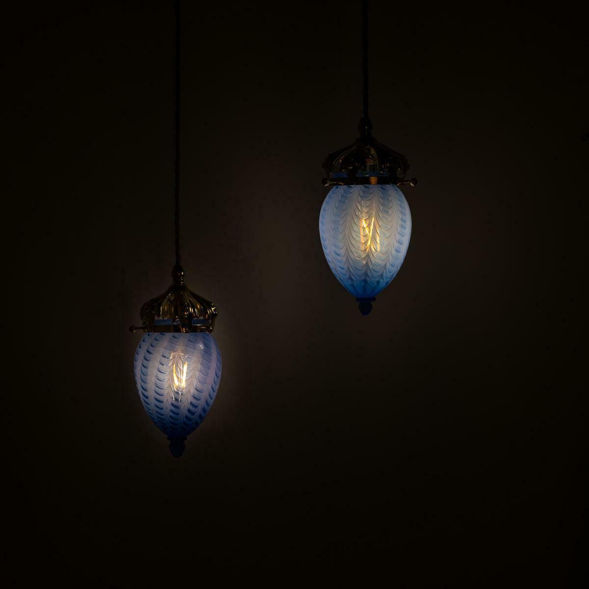 photo buy Art Nouveau Style Polished Brass & Blue Swirl Vaseline Glass Acorn Shades