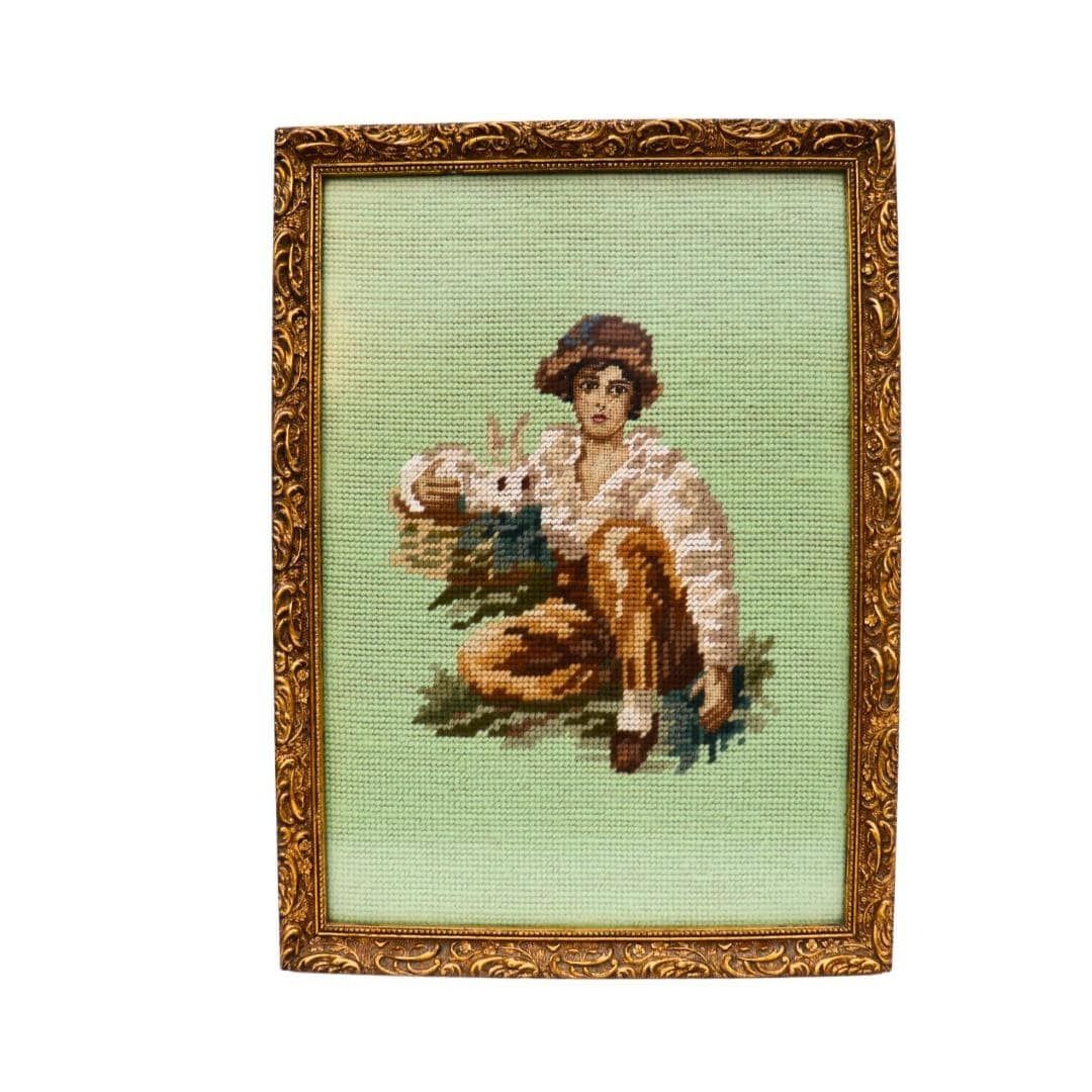 Old Needle Point Wooden Golden Frame Kid With Rabbit After Oil Painting By Sir Henry Raerburn, Cottage Core Wall Decor