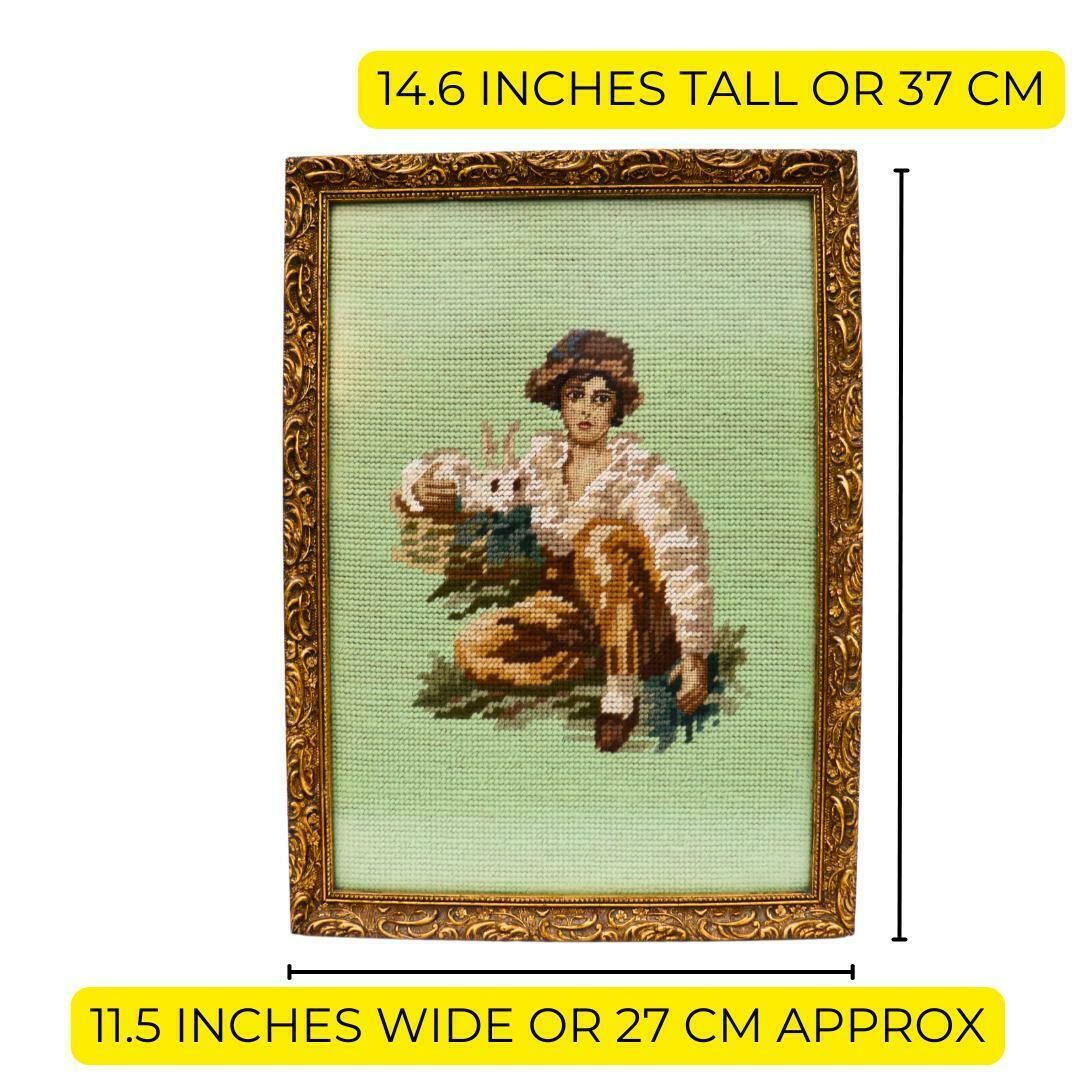 Old Needle Point Wooden Golden Frame Kid With Rabbit After Oil Painting By Sir Henry Raerburn, Cottage Core Wall Decor photo 70.0