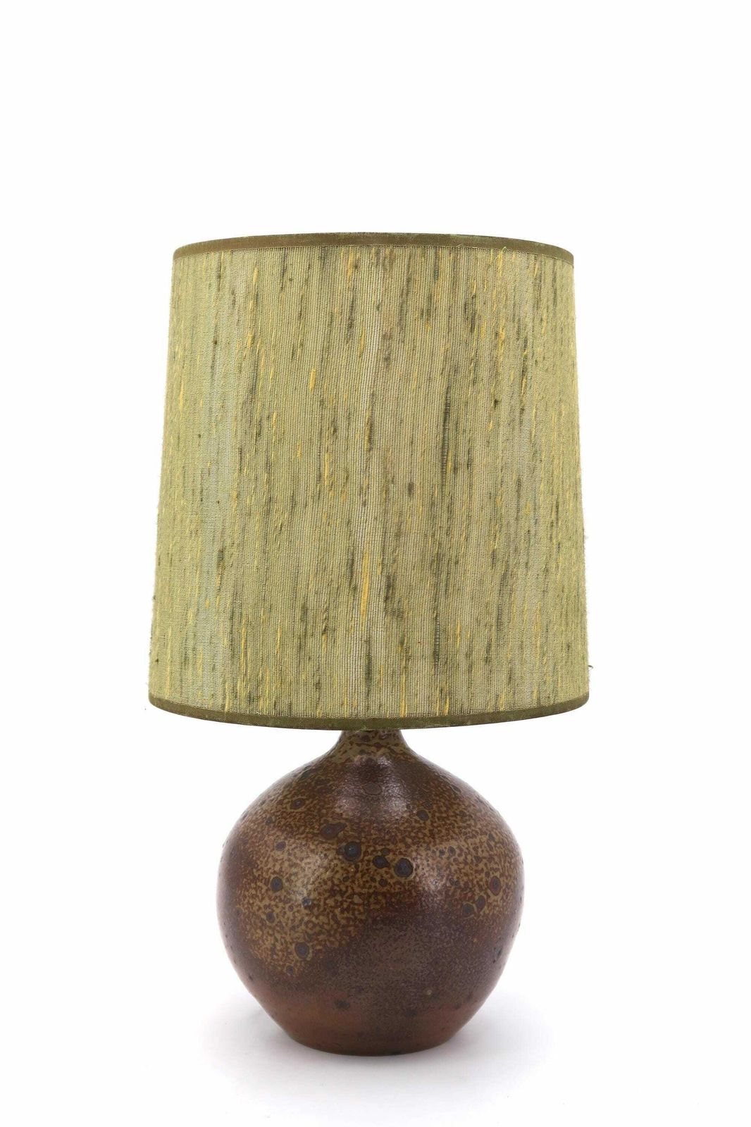 French Stoneware Ceramic Potter Table Lamp, Green Lampshade, 1970s, Vintage / Brown, Boho Chic, Folk, Bohemian, Rustic, Farmhouse, Cottage photo furniture