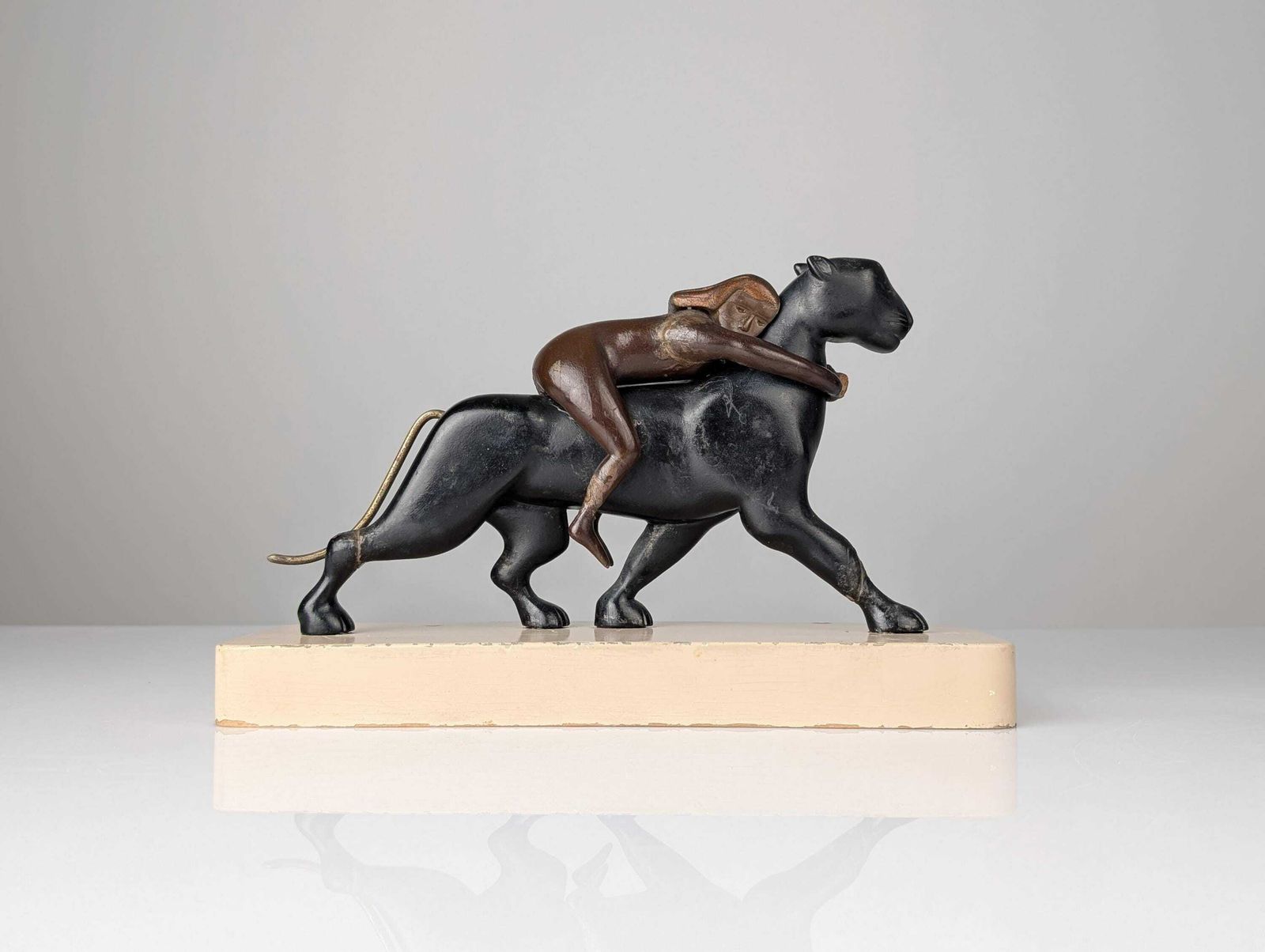 Ariadne And The Panther, Art Deco Sculpture In Wood And Brass 1920s