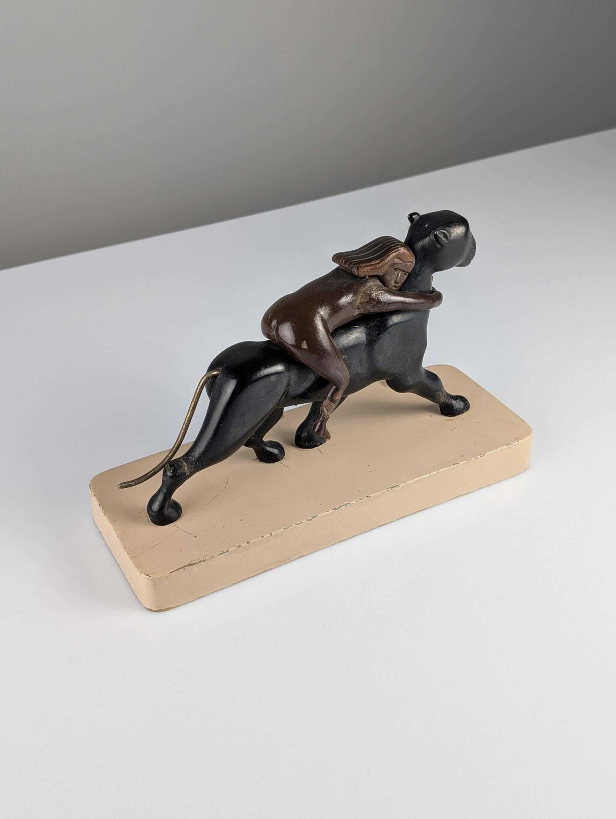 Ariadne And The Panther, Art Deco Sculpture In Wood And Brass 1920s photo for sale