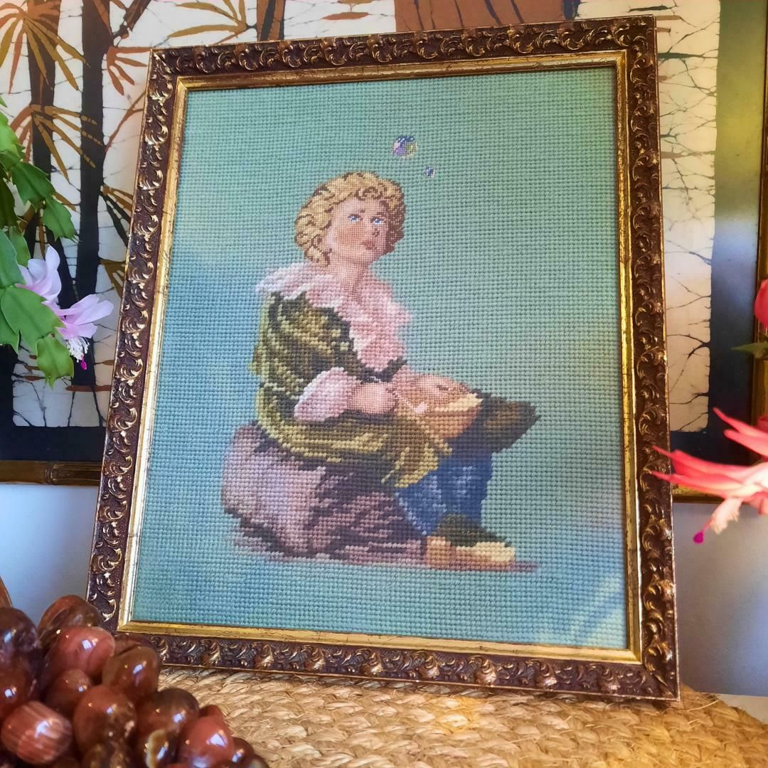 Old Needle Point Wooden Golden Frame Boy Blowing Bubbles After Oil Painting By John Everett Millais, Cottage Core Wall Decor photo furniture