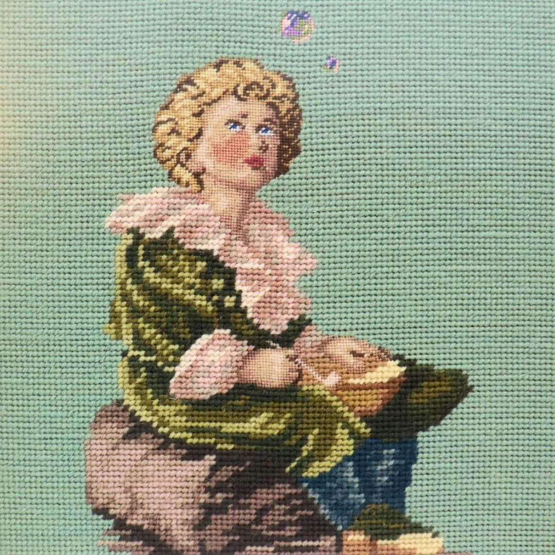 Old Needle Point Wooden Golden Frame Boy Blowing Bubbles After Oil Painting By John Everett Millais, Cottage Core Wall Decor photo for sale