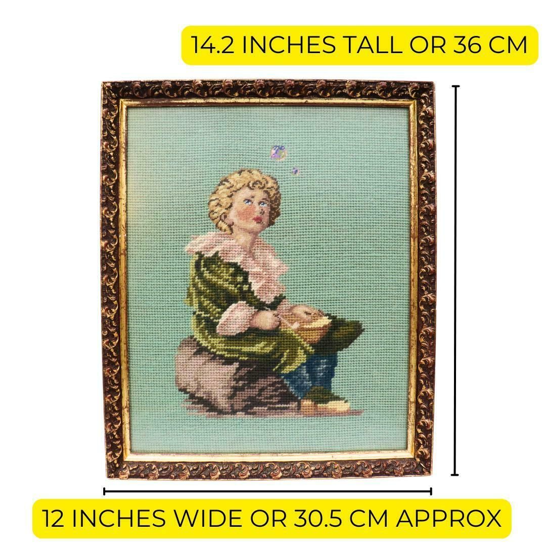Old Needle Point Wooden Golden Frame Boy Blowing Bubbles After Oil Painting By John Everett Millais, Cottage Core Wall Decor photo Art