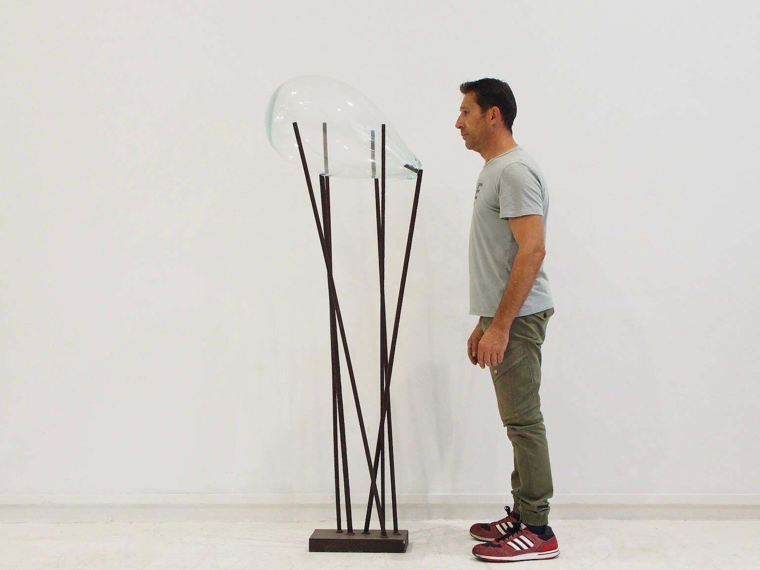 Blown Colorless Glass And Metal Sculpture By Xavier Carrere photo for sale