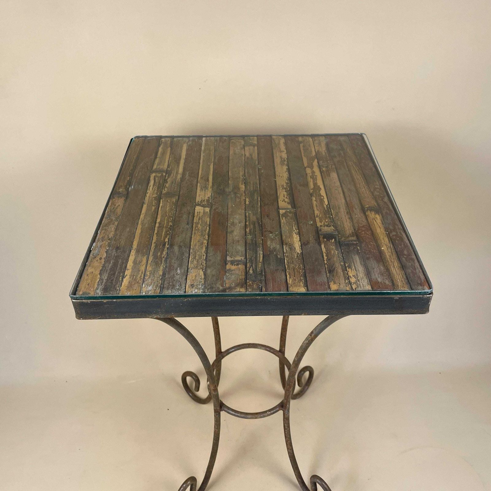 Bamboo Indoor / Outdoor Metal Base Coffee Table Vintage Boho Decorative Wood Glass Retro Brown Wood Wooden Square Antique Side photo Furniture