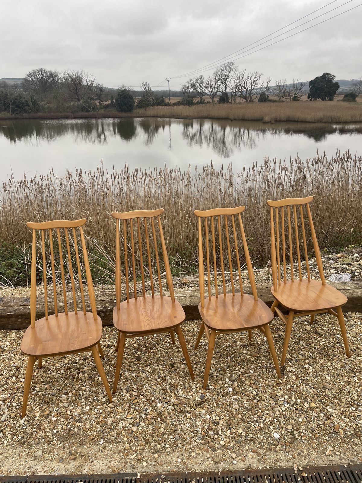 Set Of 4 Ercol Goldsmith Dining Chairs In Blonde , Blue Label photo furniture