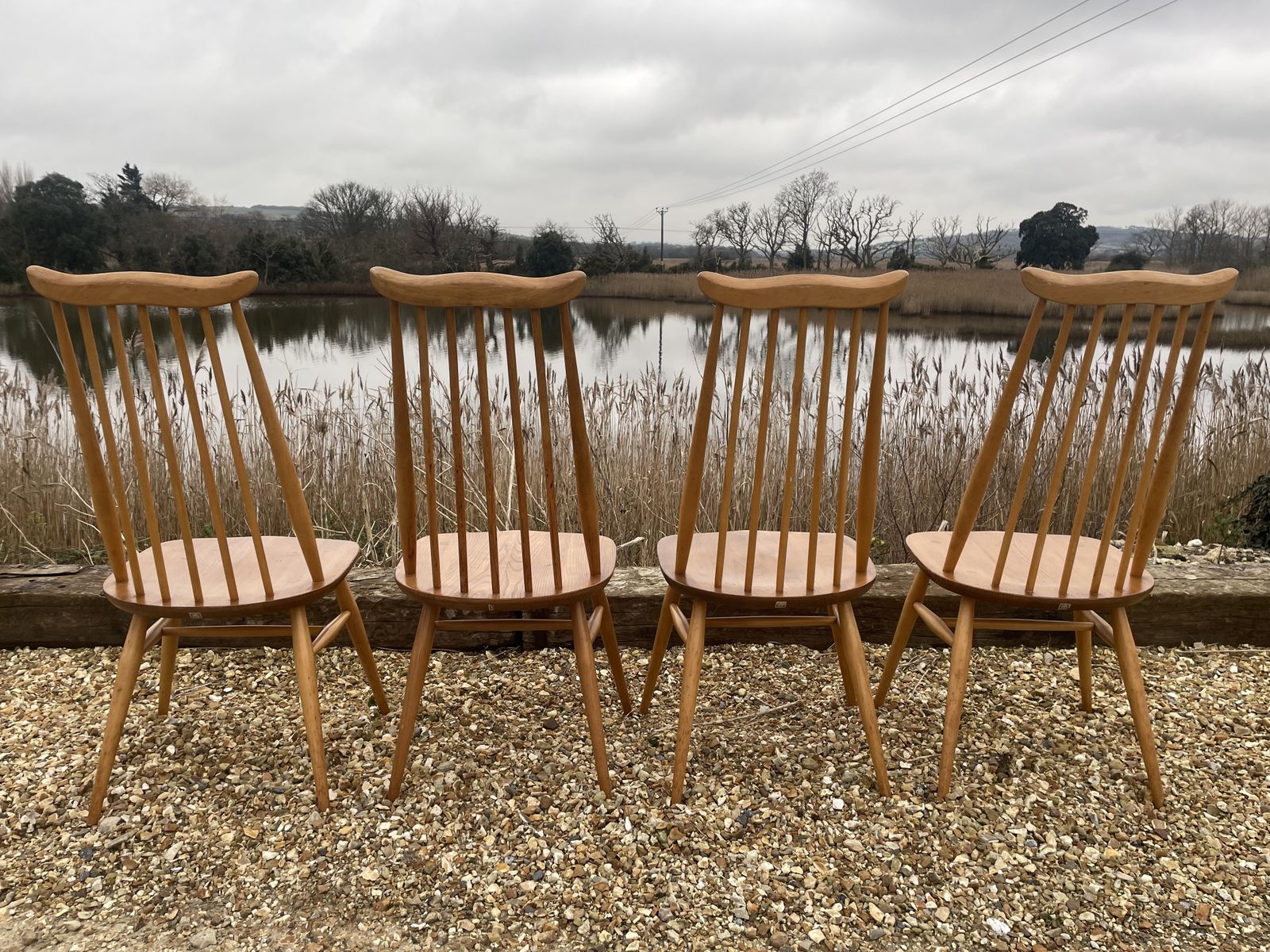 Set Of 4 Ercol Goldsmith Dining Chairs In Blonde , Blue Label photo Furniture