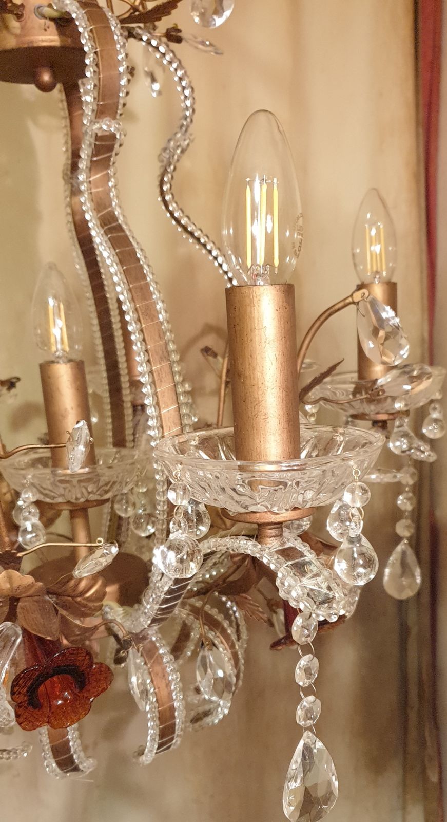 Exquisite Vintage Gold Leaf Tole Murano Crystal Beaded 6 Light Cage Chandelier  Circa 1950s photo Lighting