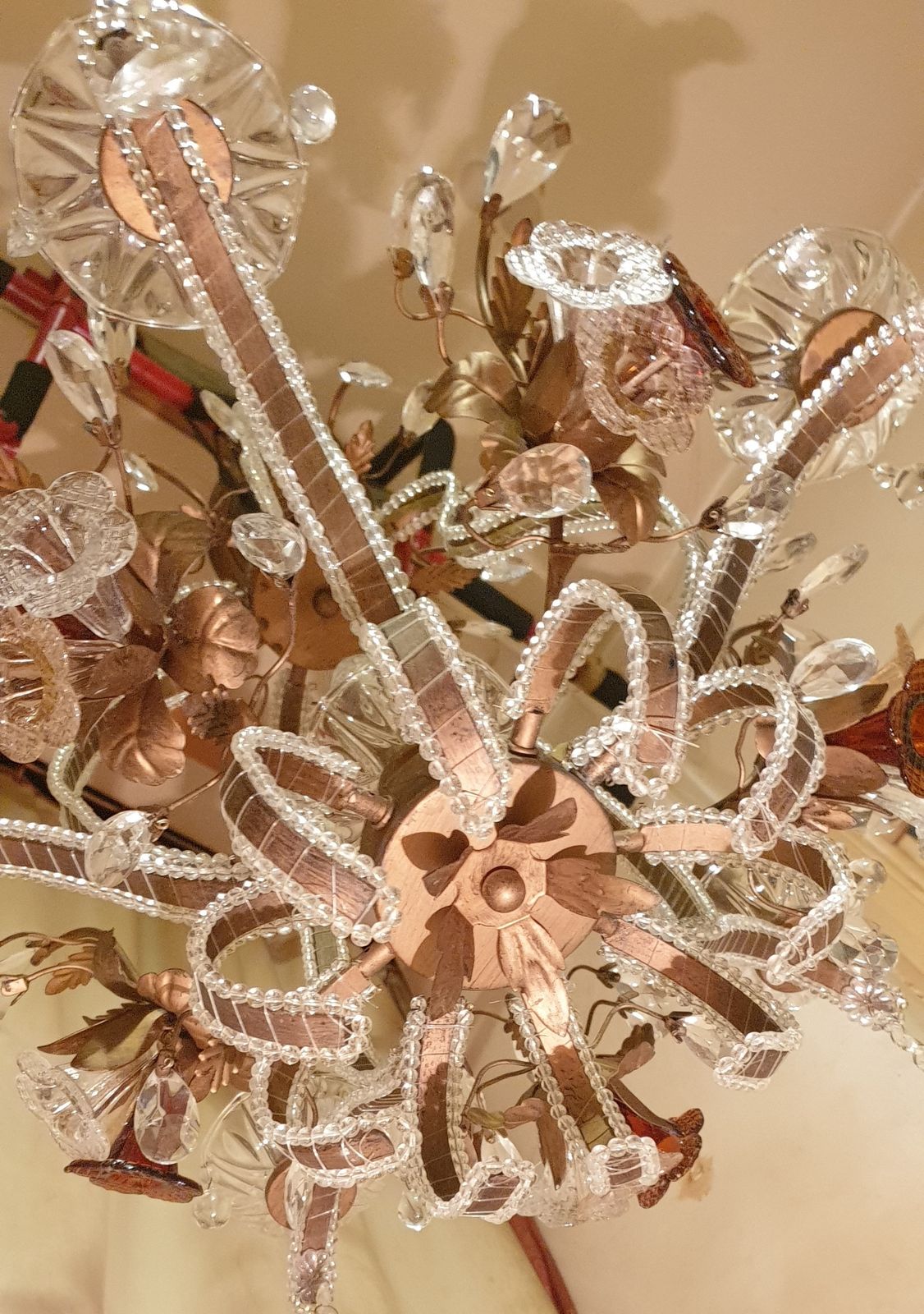 photo buy Exquisite Vintage Gold Leaf Tole Murano Crystal Beaded 6 Light Cage Chandelier  Circa 1950s