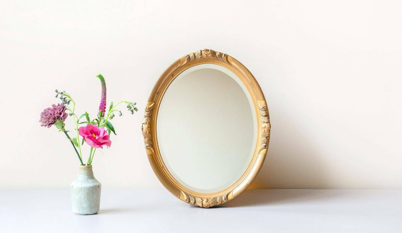 Oval Golden Mirror With Beveled Glass, Baroque Wall Mirror, Ornate Belgian Wall Mirror, Small Renaissance Style Mirror, 1960s Design photo furniture