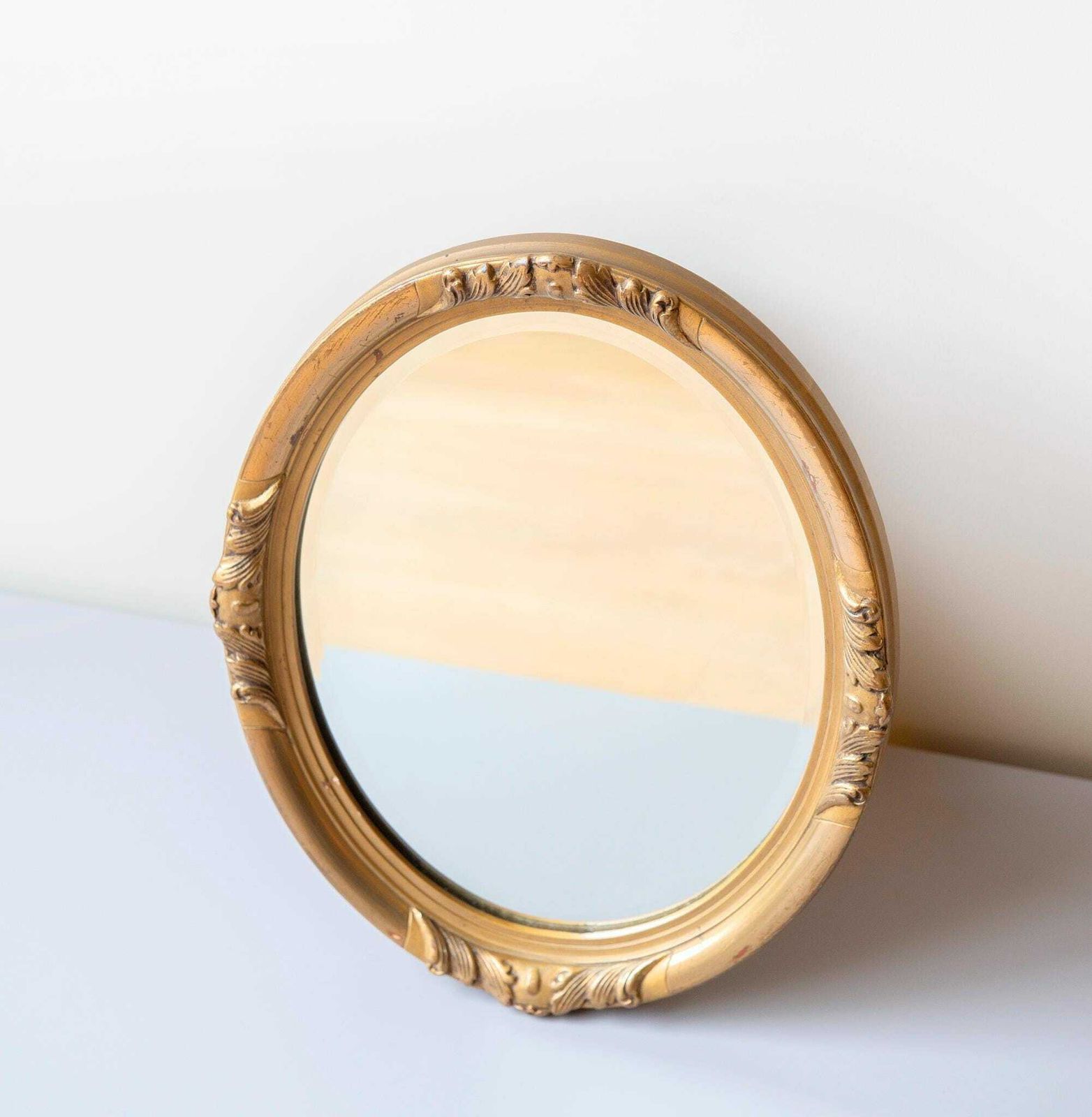 Oval Golden Mirror With Beveled Glass, Baroque Wall Mirror, Ornate Belgian Wall Mirror, Small Renaissance Style Mirror, 1960s Design photo for sale