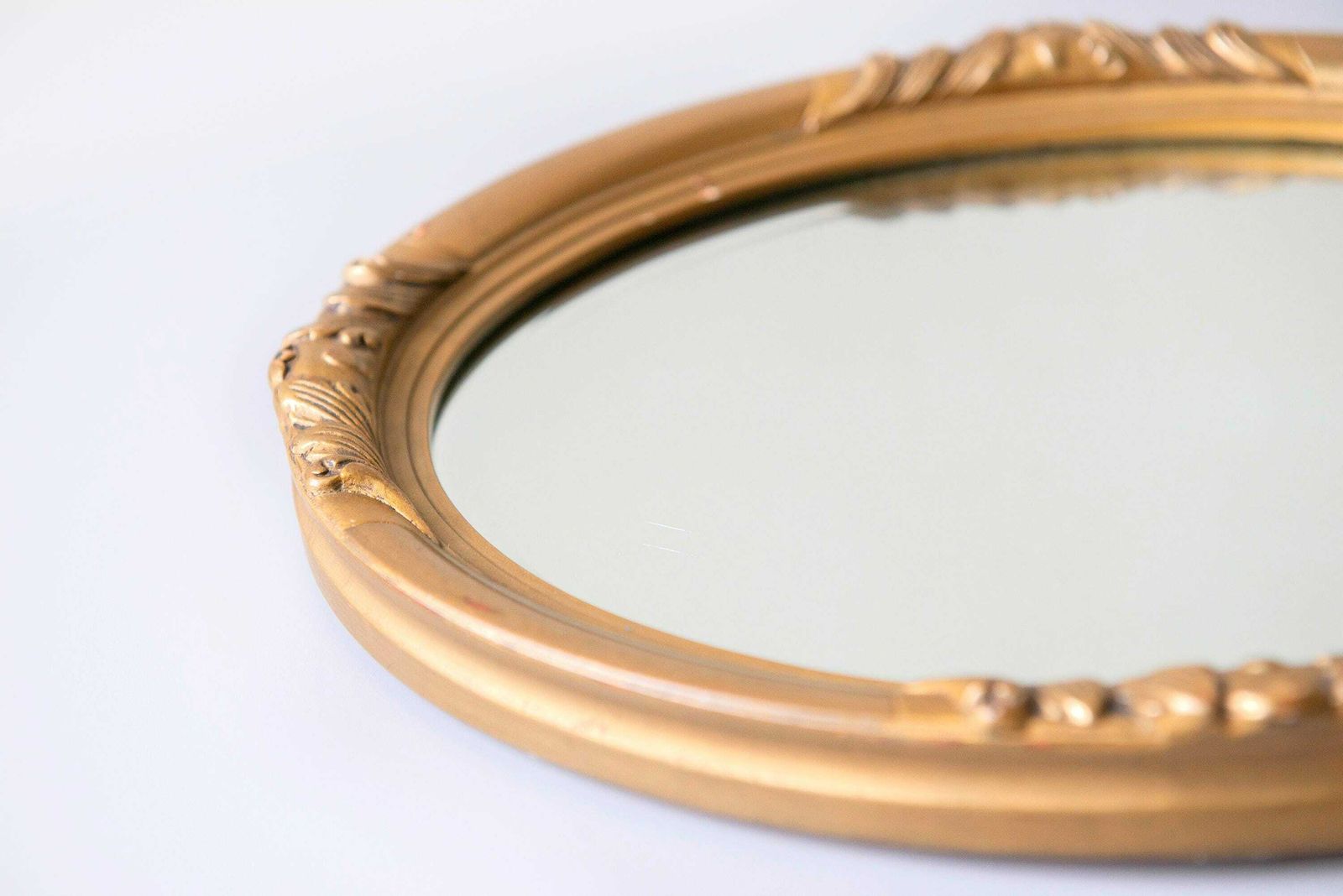 photo for sale Oval Golden Mirror With Beveled Glass, Baroque Wall Mirror, Ornate Belgian Wall Mirror, Small Renaissance Style Mirror, 1960s Design