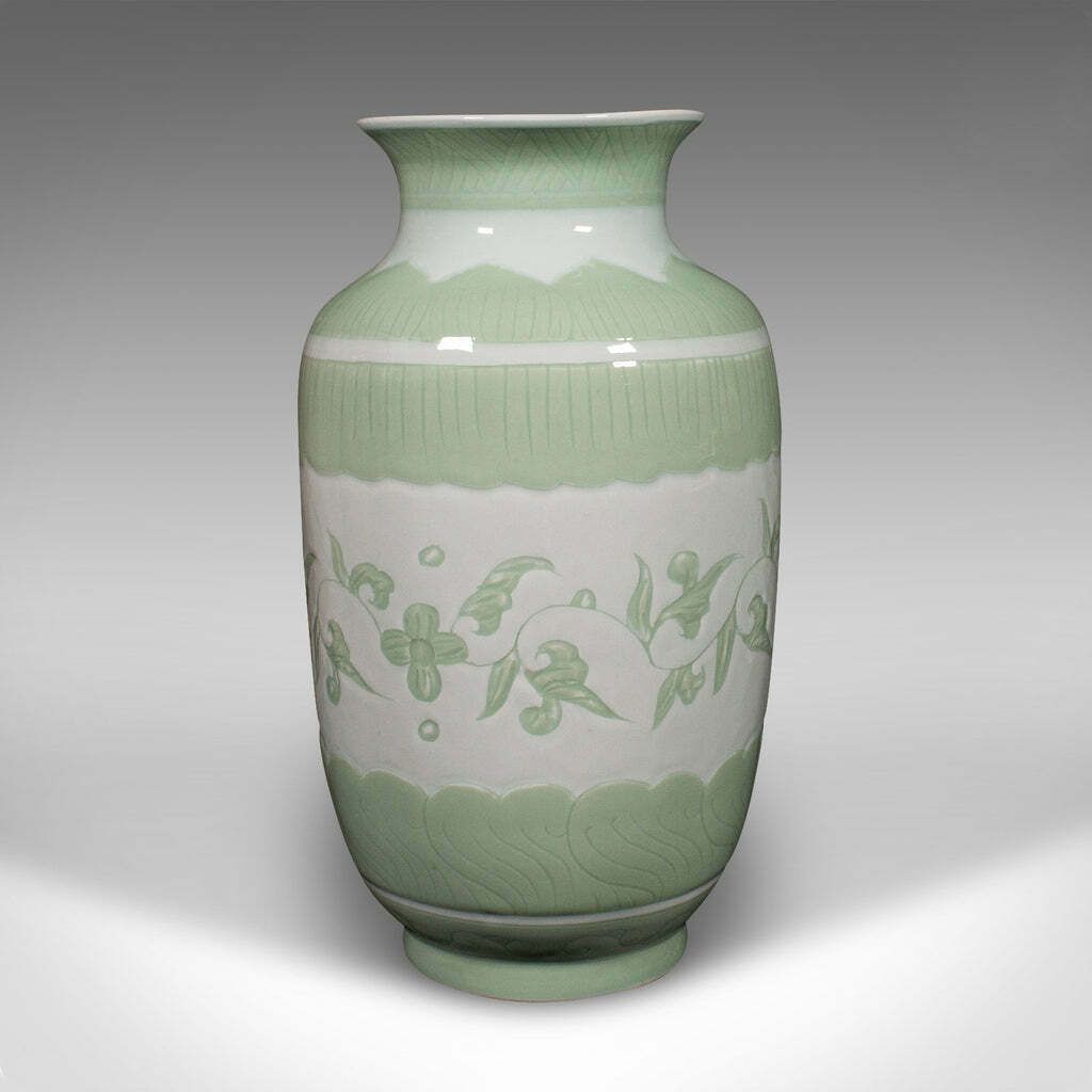 Large Antique Flower Bouquet Vase, Chinese, Celadon Ceramic Urn, Victorian, 1900 photo 895.0