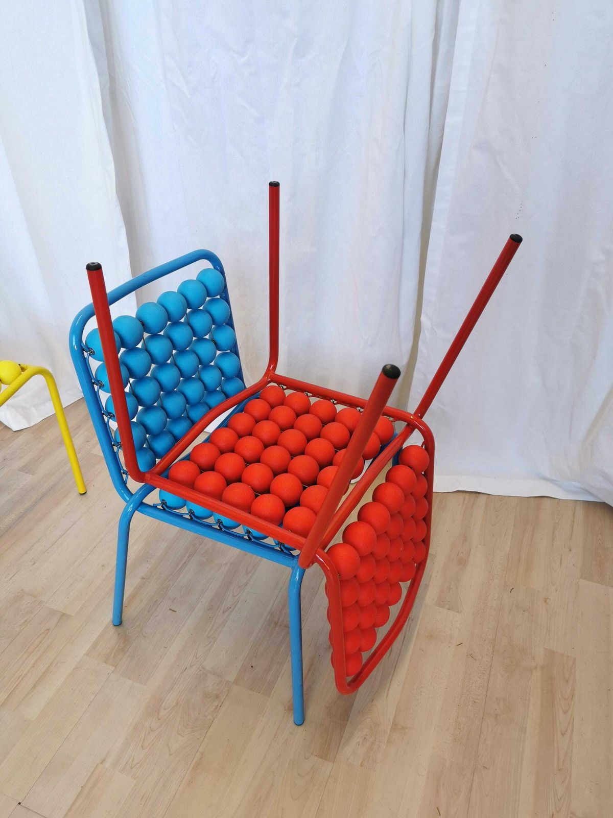 Set Of 5 Vintage Funky Pop Art Kids Chairs / Red Blue Yellow Pink Green Small Children Chair / Metal Base Plastic Balls / Slog Croatia 1980s photo vinterior