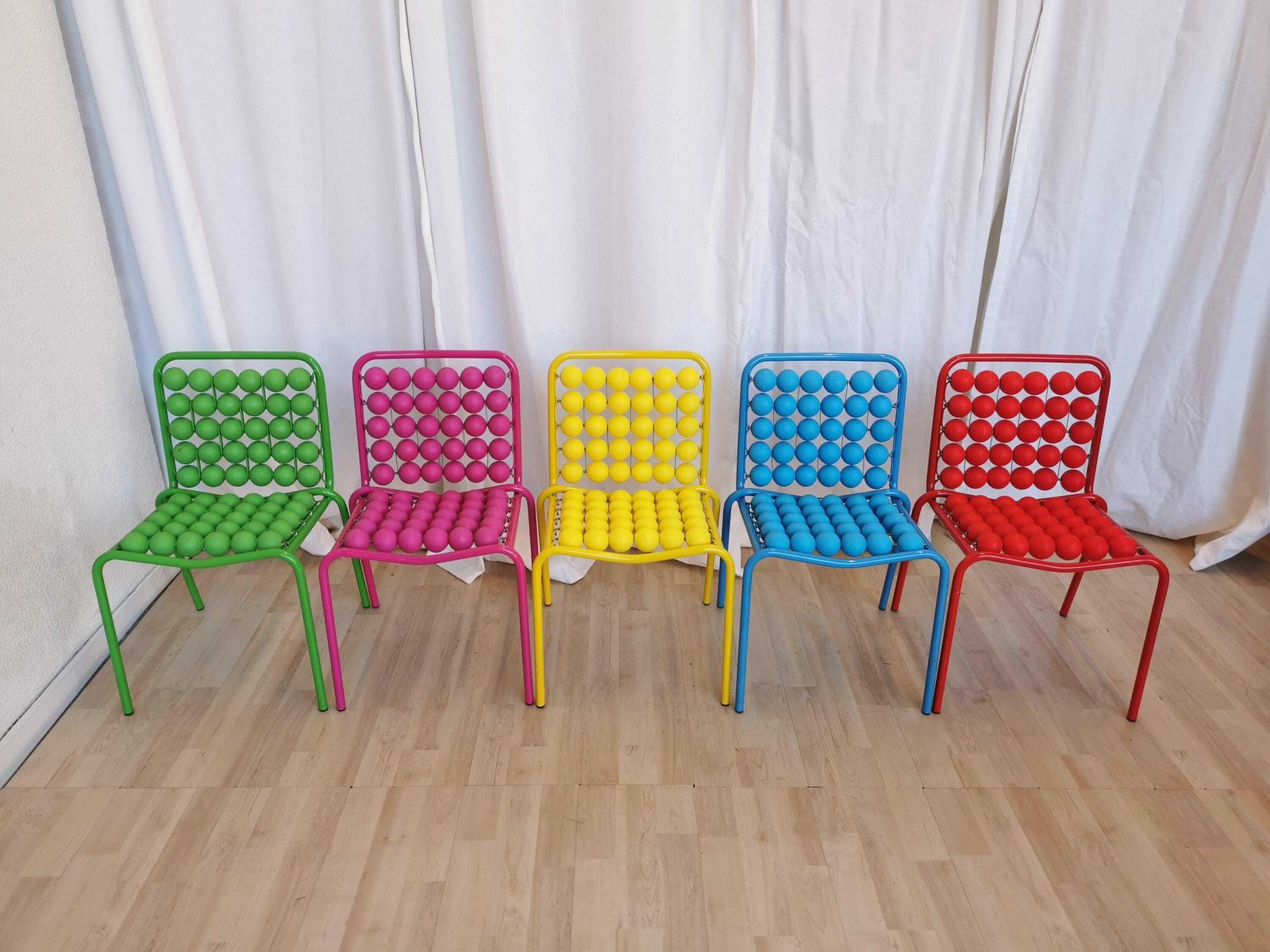 Set Of 5 Vintage Funky Pop Art Kids Chairs / Red Blue Yellow Pink Green Small Children Chair / Metal Base Plastic Balls / Slog Croatia 1980s photo vintage