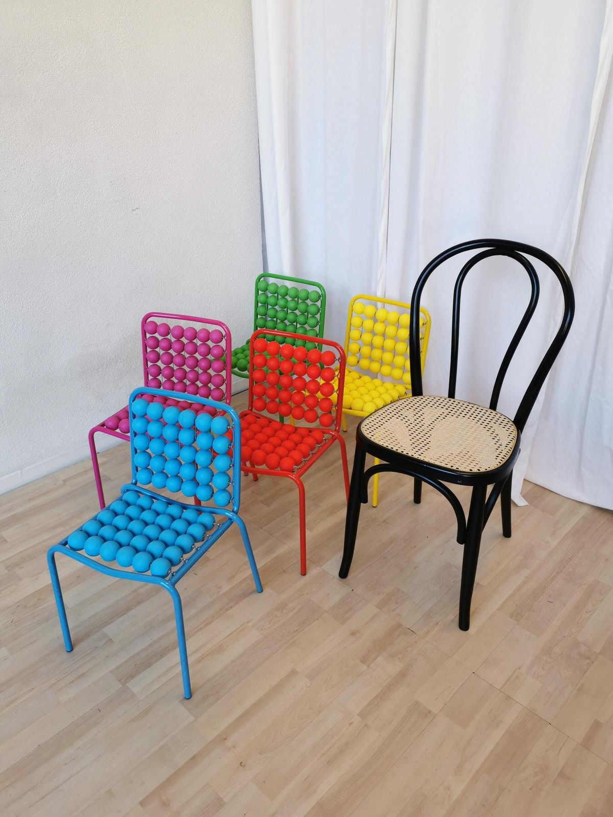 photo furniture Set Of 5 Vintage Funky Pop Art Kids Chairs / Red Blue Yellow Pink Green Small Children Chair / Metal Base Plastic Balls / Slog Croatia 1980s