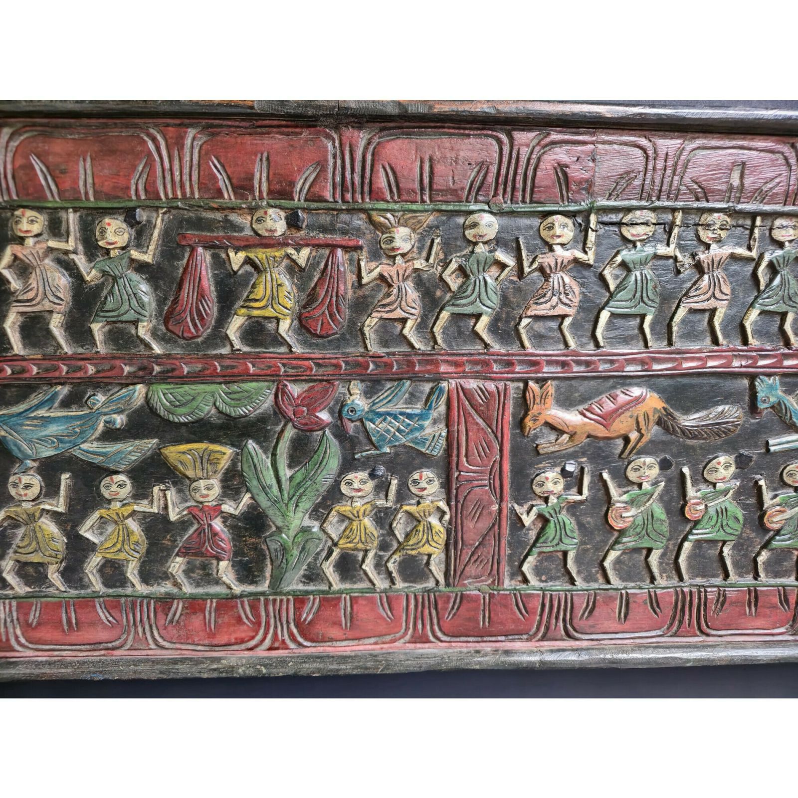 Antique Indian Teakwood Wall Decor (1800s) – Hand Painted Tribal & Animal Motif Artwork | Hand Carved Folk Art From India photo Art
