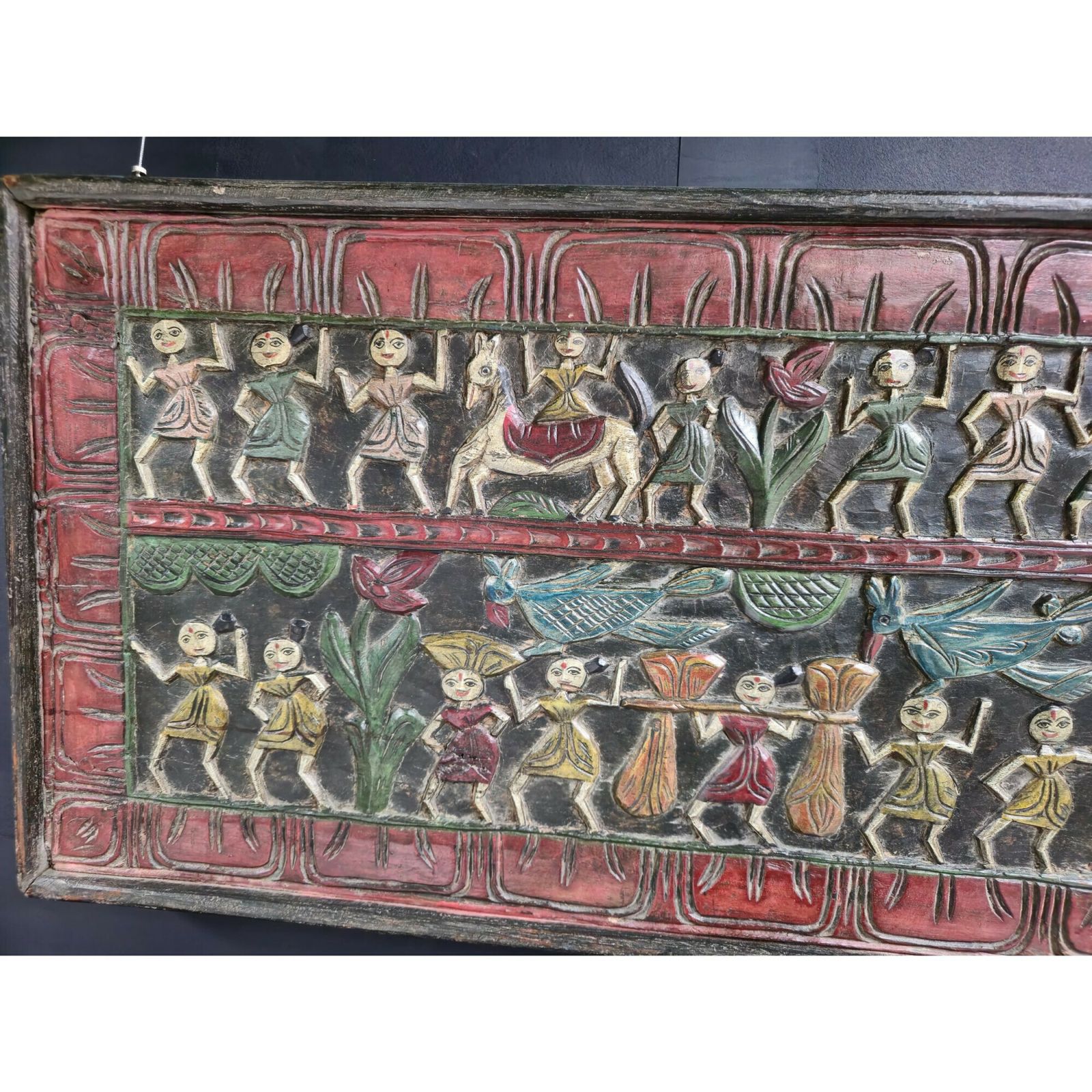 Antique Indian Teakwood Wall Decor (1800s) – Hand Painted Tribal & Animal Motif Artwork | Hand Carved Folk Art From India photo for sale