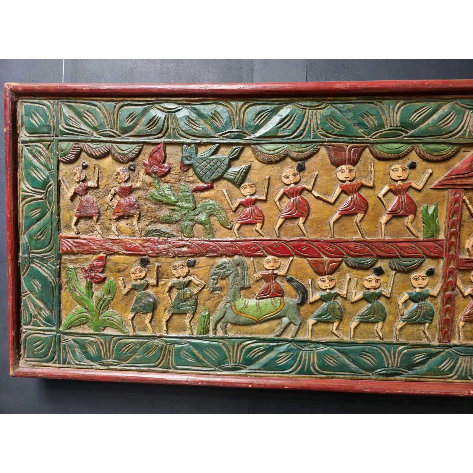 Antique Indian Teakwood Wall Decor (1800s) – Hand Painted Tribal & Animal Motif Artwork | Hand Carved Folk Art From India photo 995.0