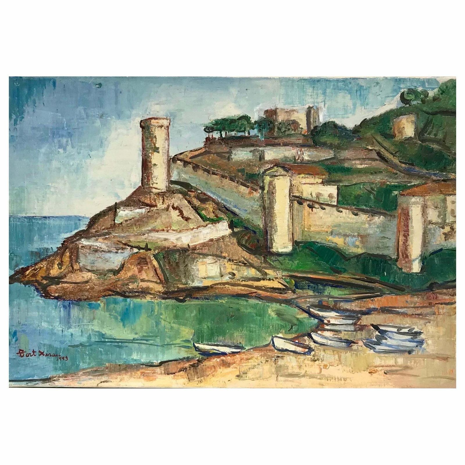 Maria Tort Xirauold Fortress Port Beach Scene On The Med Signed Original Oil Painting