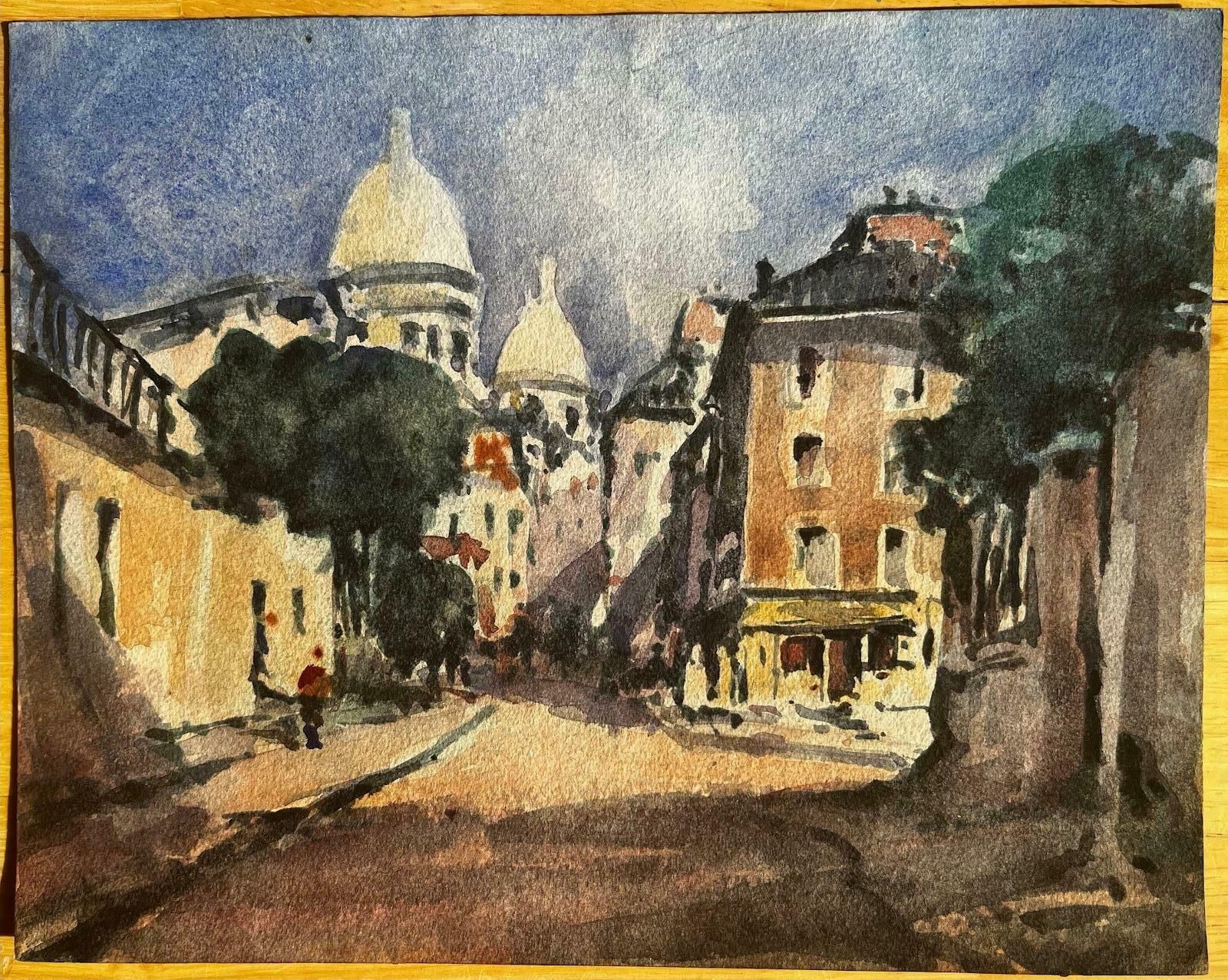 Unknownfrench Impressionist Watercolor Landscape Sacre Coeur Montmartre Paris Streets20th Century photo furniture