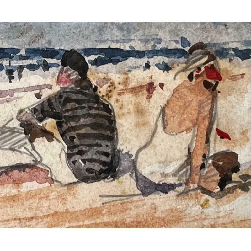Unknownfrench Impressionist Watercolor Landscape   "Bathers Enjoying A Day By The Sea"20th Century photo buy