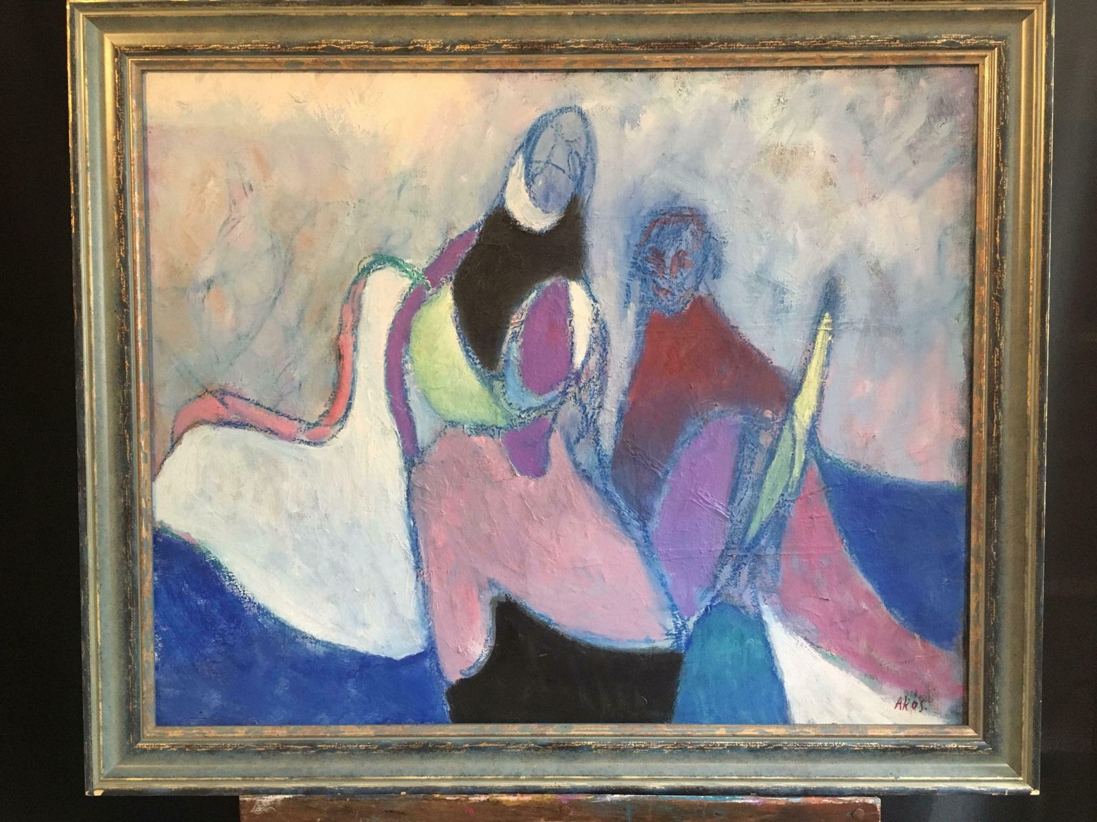 Akos Birohuge Multicoloured French Abstract Cubist Figures Dancing Original Oil Painting 2006 photo furniture