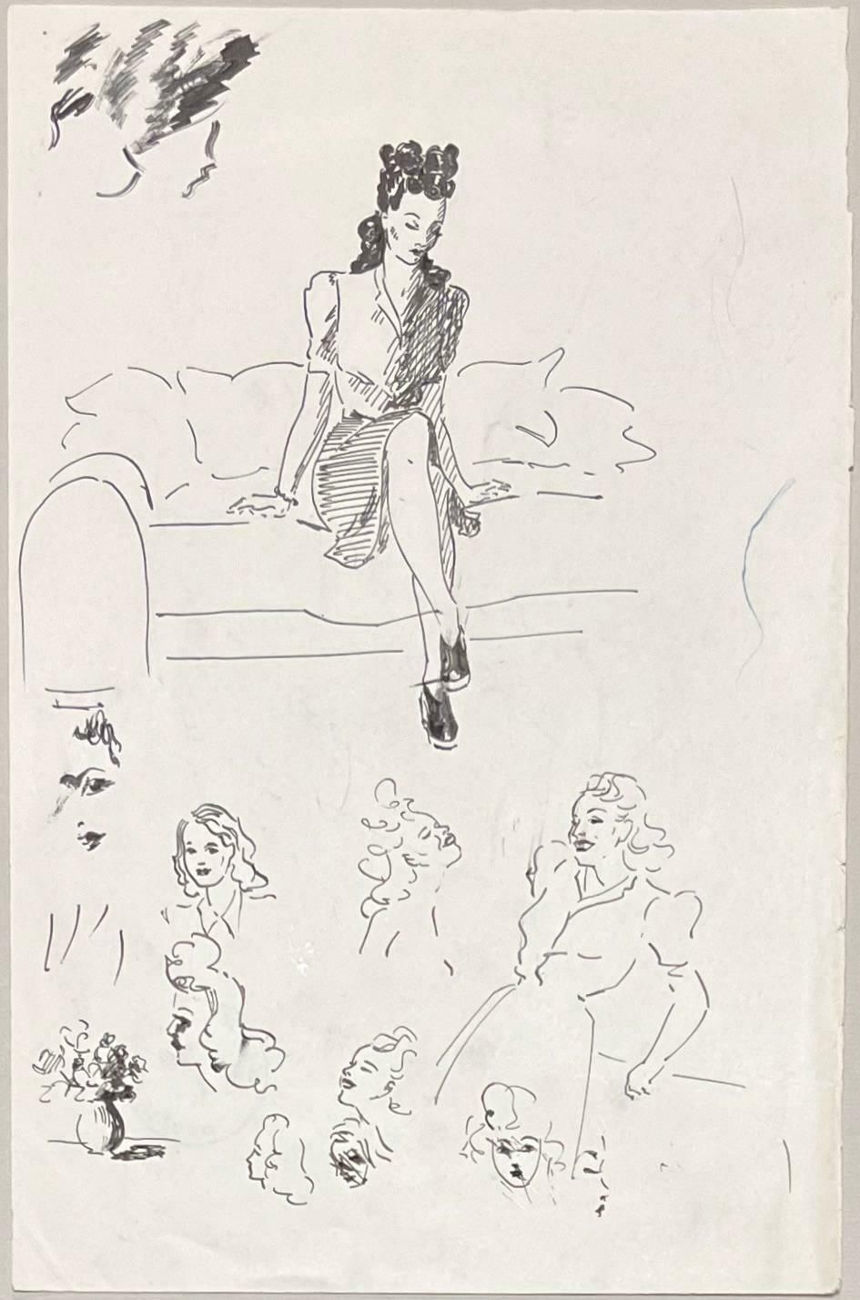 Josine Vignonmid Century French Elegant Ink Drawing Of Various Female Portrait Sketches1950's photo furniture