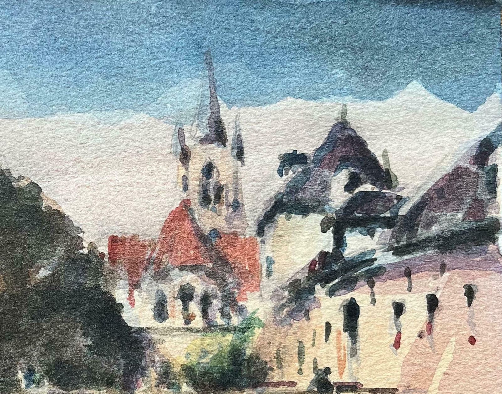 Maurice Mazeiliefrench Impressionist Watercolor Of Saint étienne Du Mont Church In Paris20th Century photo furniture