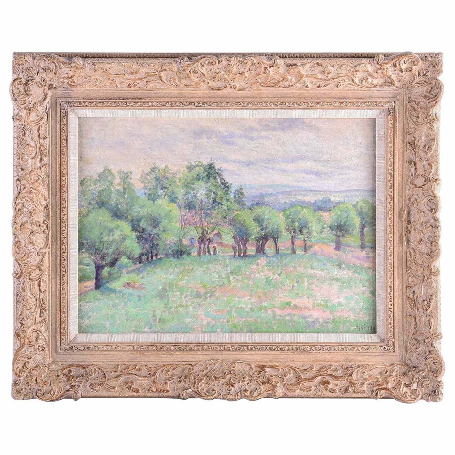 1890's French Impressionist Oil Painting Lady Walking Country Landscape Fieldsc. 1890