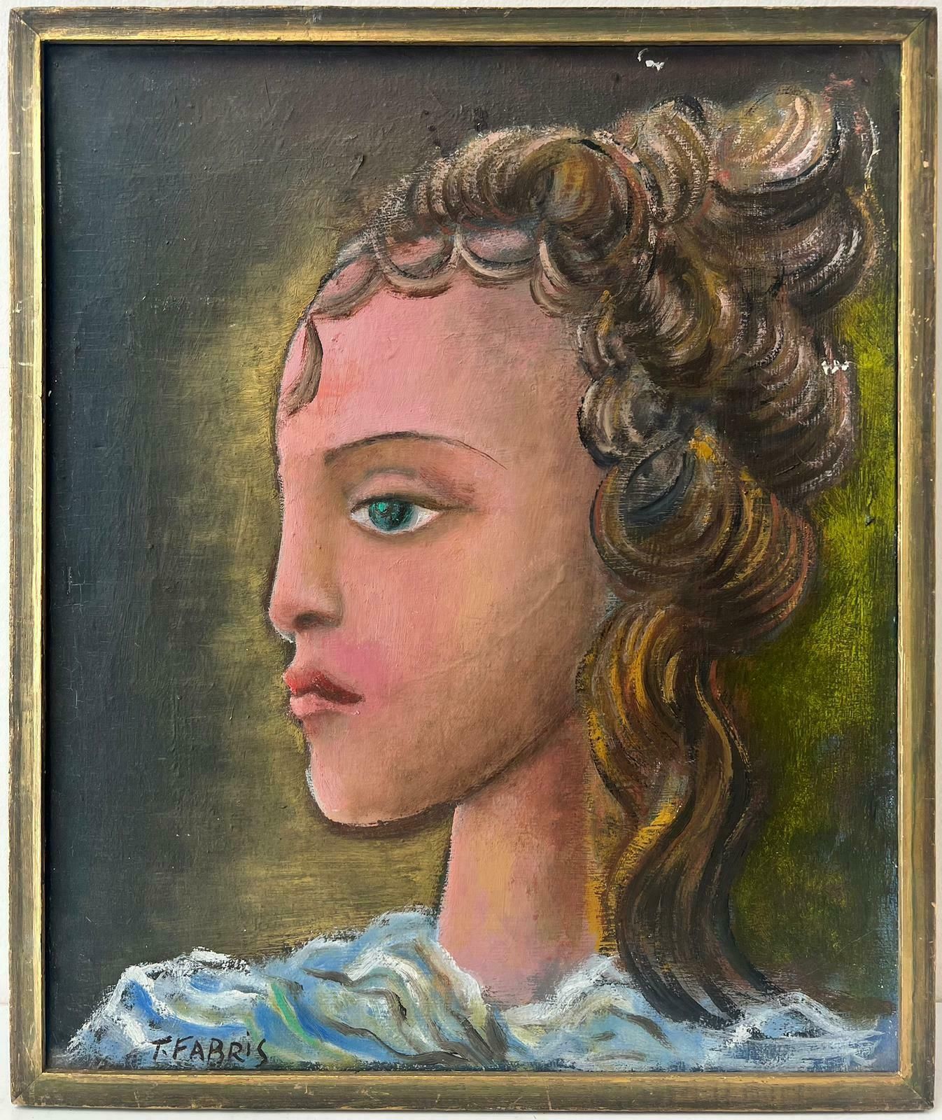 T. Fabris20th Century French Modernist Signed Oil Painting Portrait Of Young Girl Green1970's photo furniture