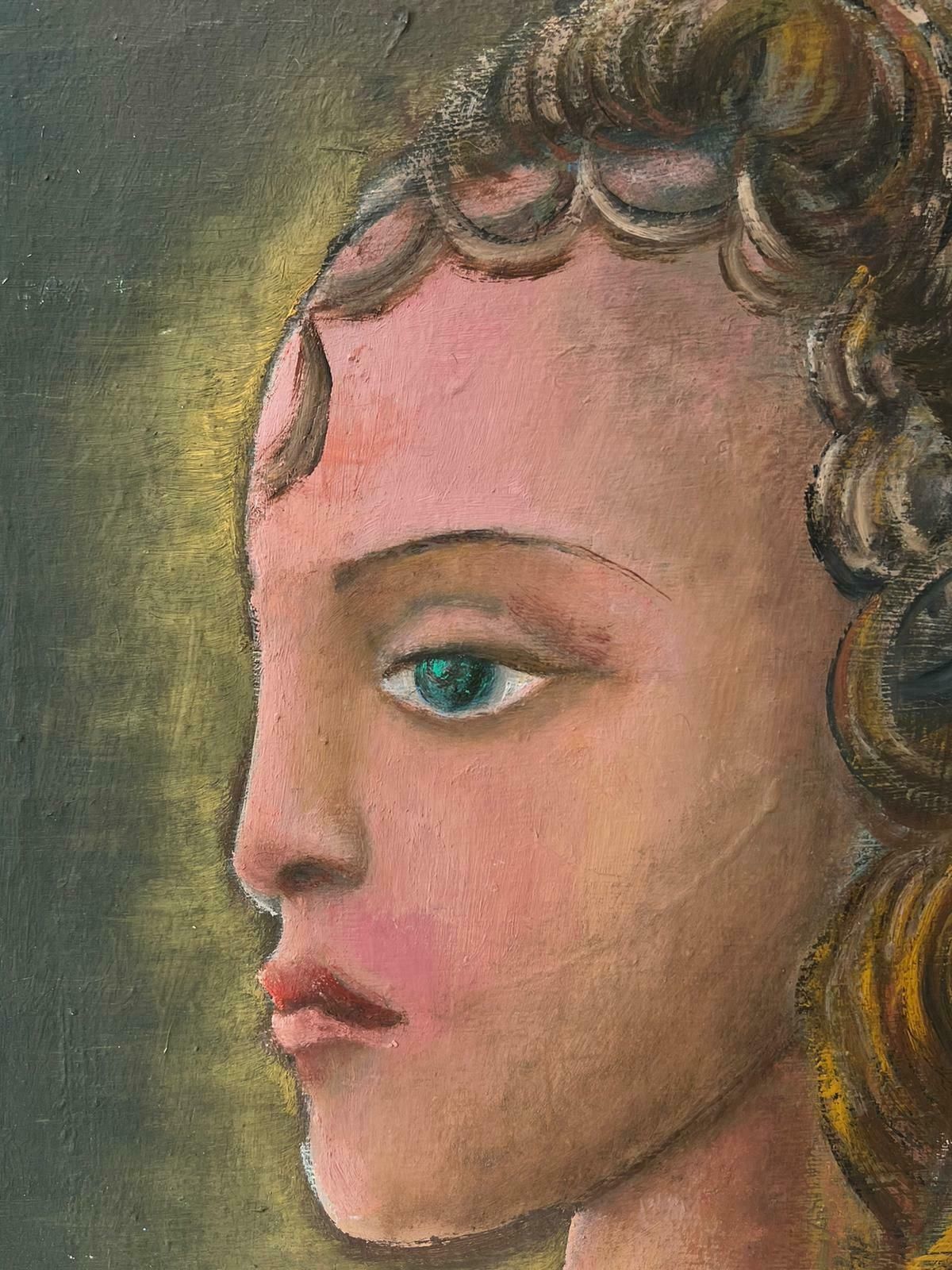 T. Fabris20th Century French Modernist Signed Oil Painting Portrait Of Young Girl Green1970's photo 714.0